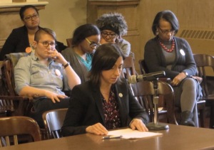PCHR Executive Director Rue Landau delivers testimony during a hearing by City Council's committee on law and government.